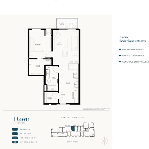 Floor plan for 1 bed, 1 bath, 737 sqft
